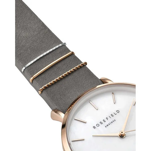 Rosefield WEGR-W75 West Village Women's Watch – 33mm Rose Gold Case, Grey Nubuck Strap, Mother-of-Pearl Dial