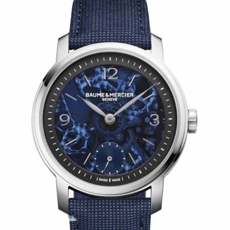 Baume & Mercier Classima 10735 Reloj Esqueleto de cuerda manual para hombre - Esfera azul, caja de acero, correa de tela azul