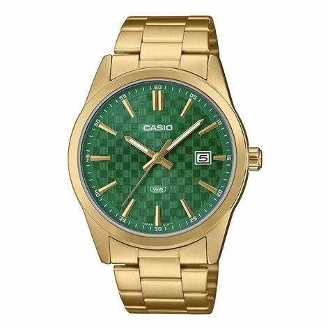 Reloj analógico para hombre Casio MTP-VD03G-3AUDF – Esfera verde, brazalete de acero inoxidable tono dorado