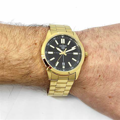 Casio MTP-VD02G-1EUDF Herren-Goldton-Analog-Uhr – Schwarzes Zifferblatt