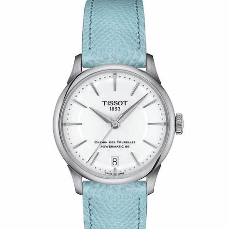 Orologio Tissot Chemin des Tourelles Powermatic 80 Donna - Cassa in acciaio inossidabile 34 mm, quadrante bianco, cinturino in pelle blu chiaro