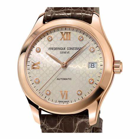 Frederique Constant Donna Automatico FC-303LGD3B4 - Cassa placcata oro rosa, indici di diamanti, cinturino in pelle marrone