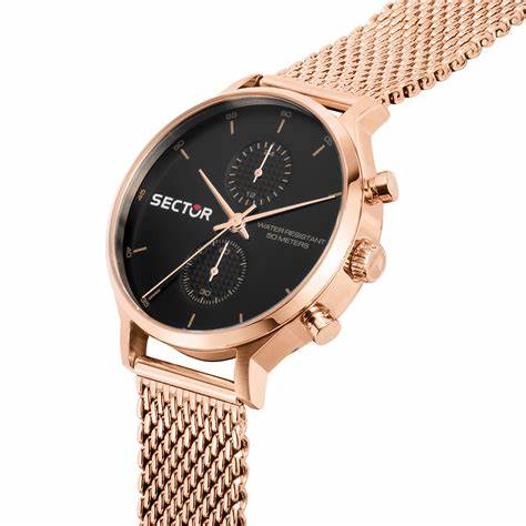 Sector 370 R3253522002 Men's Multifunction Watch - 39mm Rose Gold PVD Case, Black Dial, Rose Gold Milanese Mesh Bracelet