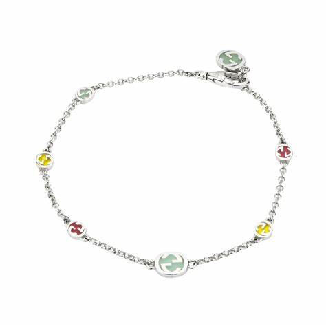 Gucci Interlocking G Multicoloured Enamel Sterling Silver Bracelet - Size 16cm