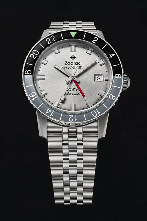 Zodiac Super Sea Wolf GMT ZO9415 Men's Automatic Watch - Silver Sunray Dial, Stainless Steel Bracelet