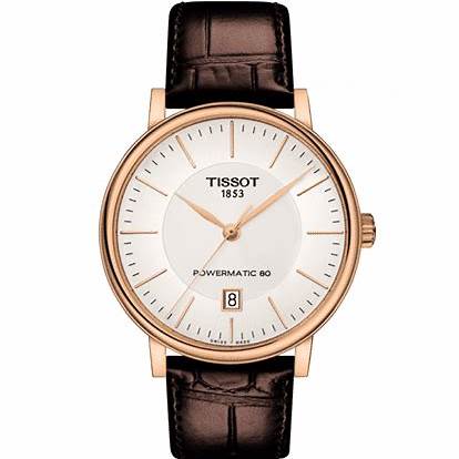 Tissot Carson Premium Powermatic 80 Men's Watch - Silver Dial, Rose Gold PVD Case, Brown Leather Strap