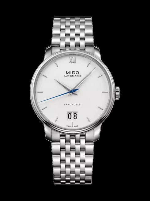 Mido Baroncelli Big Date M027.426.11.018.00 Orologio automatico da uomo - Quadrante bianco, bracciale in acciaio inossidabile