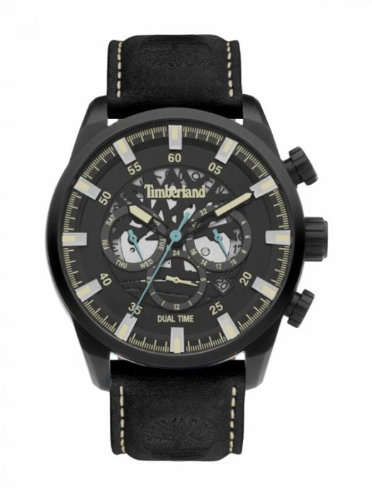 Timberland Henniker III Men's Watch TDWGF2100601 – Black Stainless Steel Case, Black Dial, Black Leather Strap