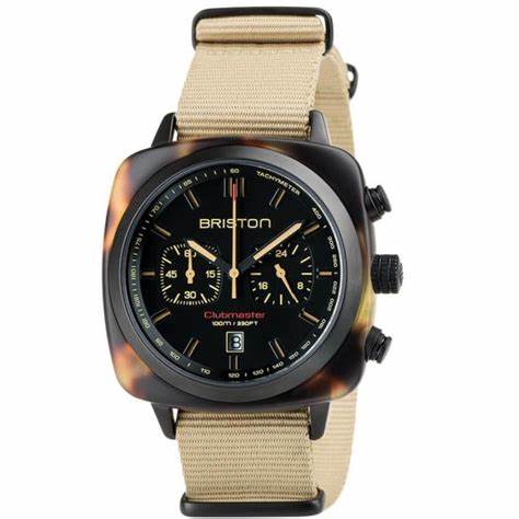 Reloj Briston Clubmaster Sport Chronograph 42mm Esfera Negra Correa NATO Caqui 18142.PBAM.TSS.5.NK