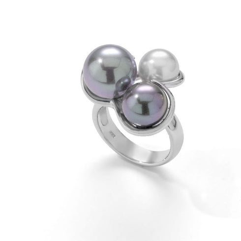 Majorica 12198.18.2.913.010.1 Women's Ring – Rhodium-Plated Silver, 9–12mm White & Grey Pearls, Triple Cluster Design, Size 18