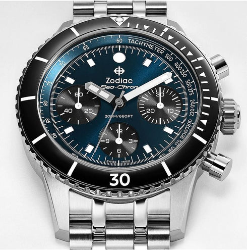 Zodiac Sea-Chron ZO3605 Men's Automatic Chronograph Watch - Blue Dial, Stainless Steel Bracelet