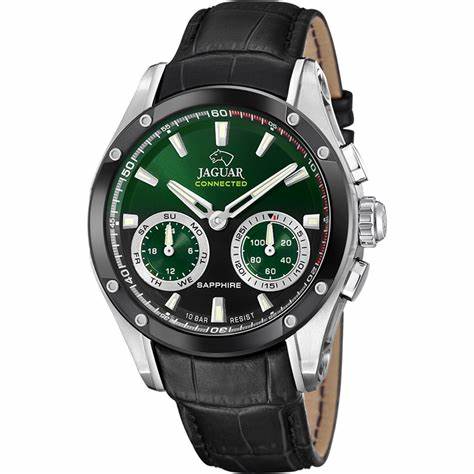 Orologio da uomo Jaguar J958/2 Hybrid Connected - Quadrante verde, cinturino in pelle nera