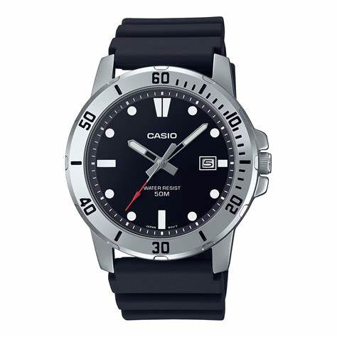 Casio MTP-VD01-1EVUDF Men's Analog Watch - Black Resin Band, Black Dial