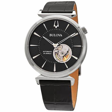 Bulova 96A234 Regatta Automatic Men's Watch - Black Dial, Black Leather Strap