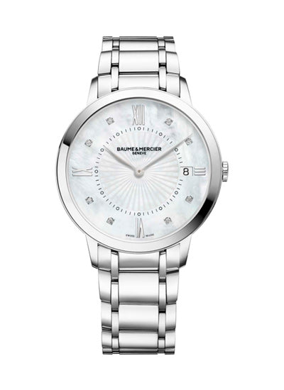 Baume & Mercier Classima MOA10356 Orologio al quarzo da donna - Cassa in acciaio inossidabile da 36,5 mm, quadrante bianco, numeri romani, datario, bracciale in acciaio inossidabile