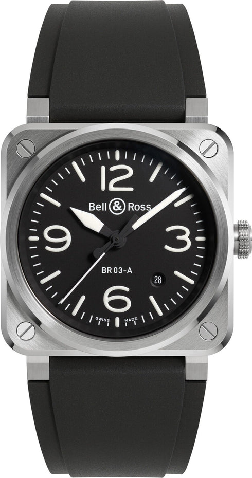 Bell & Ross BR 03 Orologio automatico da uomo in acciaio nero BR03A-BL-ST/SRB - Quadrante nero, cassa in acciaio, cinturino in gomma nera