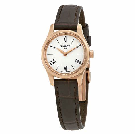 Tissot Tradition 5.5 Lady's Watch - White Dial, Rose Gold PVD Case, Brown Leather Strap