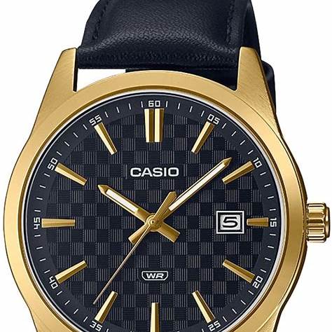 Casio MTP-VD03GL-1AUDF Herrenuhr - Schwarzes Zifferblatt, goldfarbiges Gehäuse, schwarzes Lederarmband