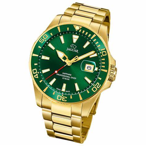 Jaguar Schweizer Quarz-Taucheruhr für Herren - Modell J877/2, goldfarbener Edelstahl, grünes Zifferblatt