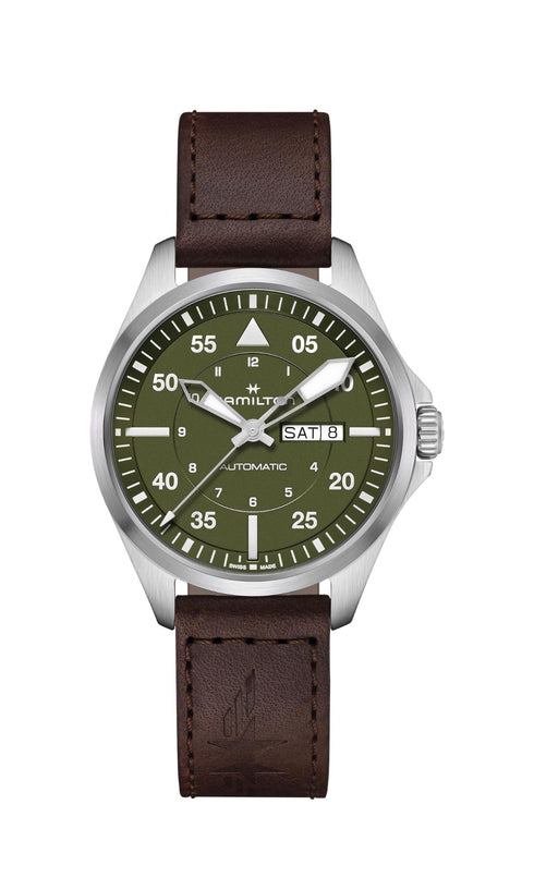 Hamilton Khaki Aviation Pilot Day Date Auto H64635560 - Acciaio inossidabile 42 mm, quadrante verde, cinturino in pelle marrone