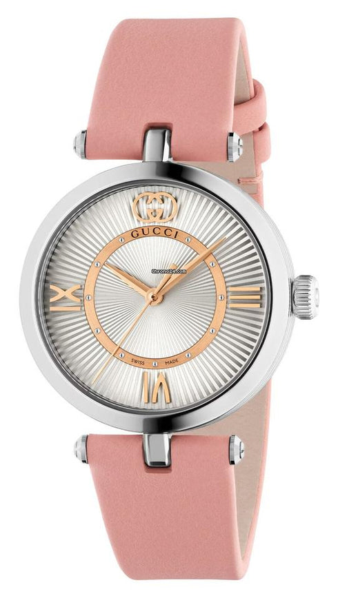 Gucci Model 2000 YA167506 30mm Women's Quartz Watch - Silver Dial, Pink Leather Strap