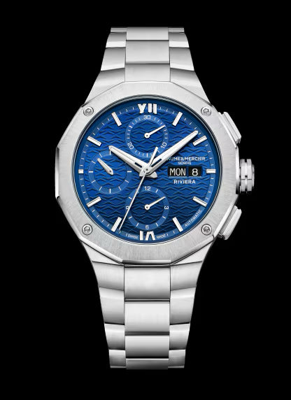 Baume & Mercier Riviera 10826 Chronograph – 41 mm Blue Wave Dial, Steel Strap