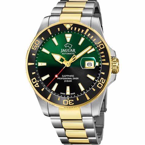 Reloj de buceo automático Jaguar Executive J887/4 para hombre - Esfera verde, brazalete de acero inoxidable bicolor