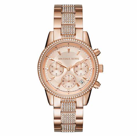 Michael Kors MK6485 Women's Ritz Rose Gold-Tone Chronograph Watch with Crystal Accents