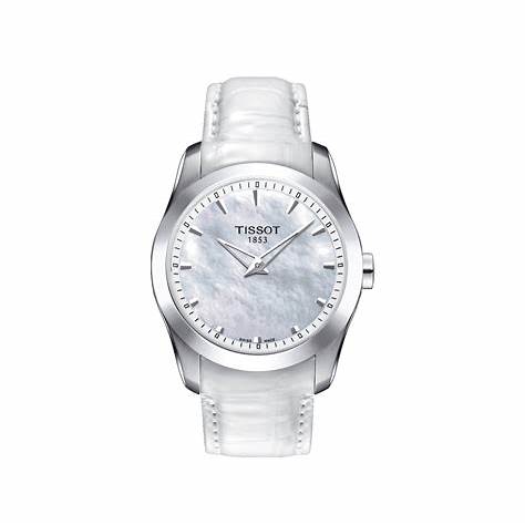 Tissot Couturier Secret Date Women's Watch - Mother-of-Pearl Dial, Stainless Steel Case, White Leather Strap