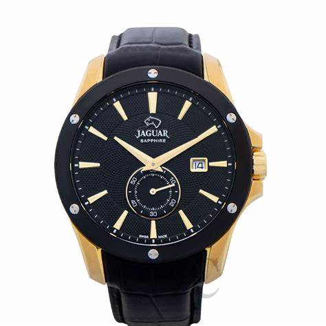 Jaguar Men's Swiss Quartz Watch - Model J881/1, Gold-Tone Stainless Steel Case, Black Dial, Leather Strap