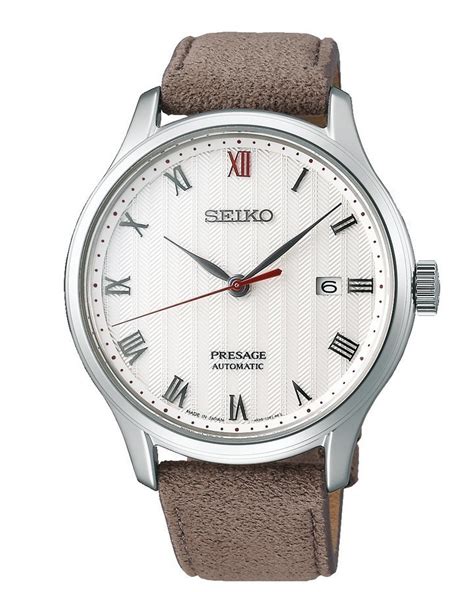 Seiko Presage SRPG25J1 Herren Automatik Uhr - Weißes Zifferblatt, Braunes Lederarmband