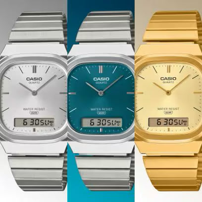 Reloj analógico-digital vintage Casio AQ-240E-3AEF con esfera azul plateada