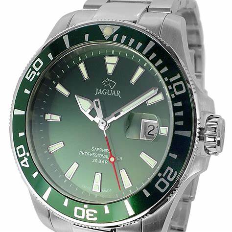 Orologio subacqueo professionale al quarzo svizzero Jaguar da uomo - Modello J860/B, cassa in acciaio, quadrante verde, vetro zaffiro