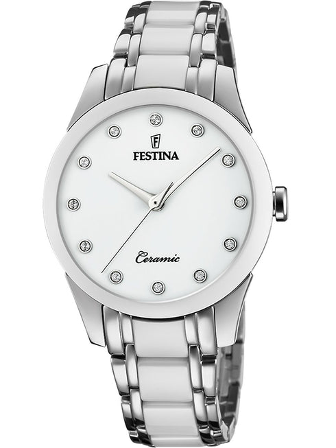 Festina F20499/1 Women's Quartz Watch - White Dial, Ceramic & Steel Bracelet