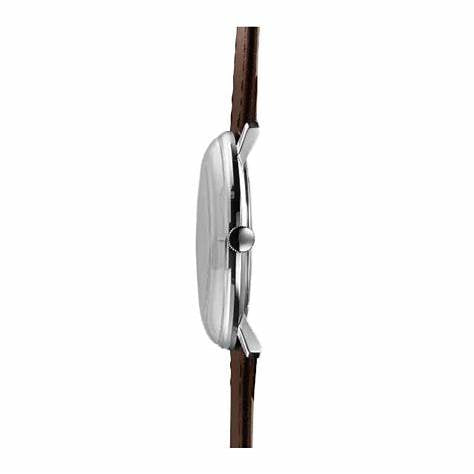 Junghans Max Bill Quartz Men's Watch 041/4461.02 – 38mm Stainless Steel Case, Matte Silver-Plated Dial, Brown Leather Strap