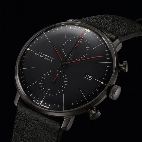 Junghans Max Bill Chronoscope Bauhaus Orologio da uomo 027/4409.02 - Cassa in acciaio inossidabile rivestita in PVD nero 40 mm, quadrante nero, cinturino in pelle nera