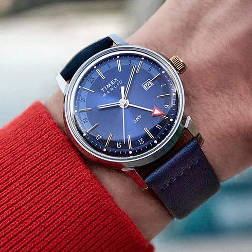 Timex TW2Y47900 Men’s Marlin GMT 40mm Blue Dial Leather Strap Watch