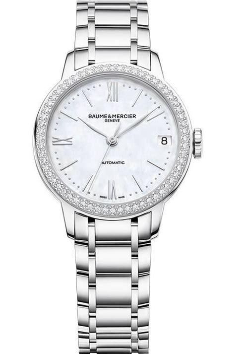 Orologio automatico da donna Baume & Mercier Classima MOA10479 - Quadrante in madreperla, lunetta con diamanti incastonati, bracciale in acciaio inossidabile