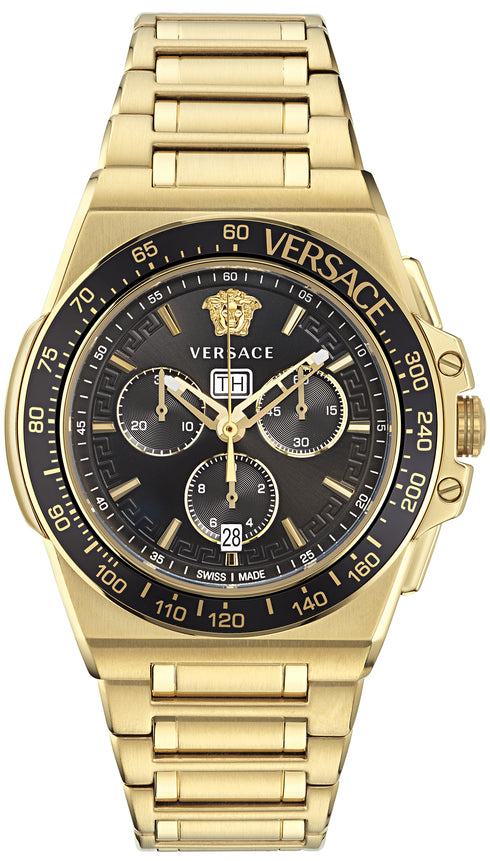 Orologio Versace Greca Extreme Chrono VE7H00623 Uomo - Acciaio inossidabile tonalità oro, quadrante nero, 45mm