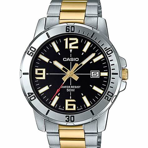 Reloj analógico para hombre Casio MTP-VD01SG-1BVUDF – Correa de acero inoxidable bicolor, esfera negra, indicador de fecha, resistencia al agua de 50M