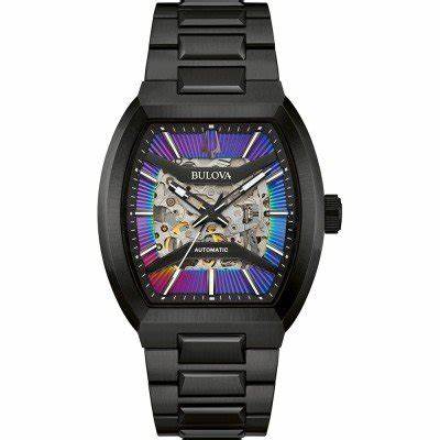 Bulova 98A320 Maquina Skeleton Watch – Black Stainless Steel, 40mm, Rainbow Dial