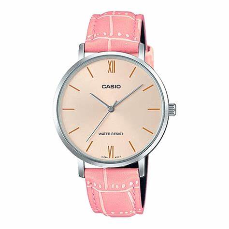 Casio LTP-VT01L-4BUDF Damen Analog Uhr – Pinkes Zifferblatt, Lederarmband