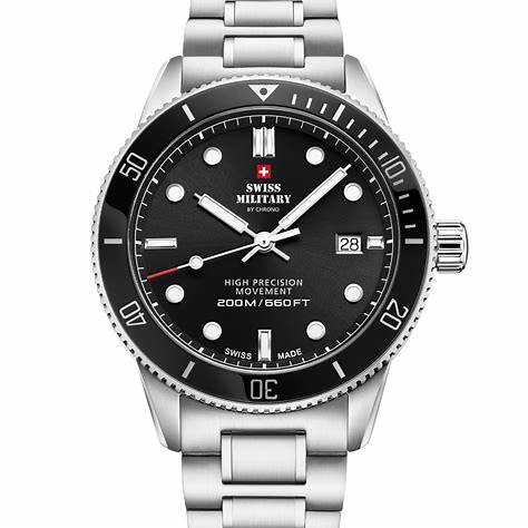 Swiss Military SM34088.01 Reloj de buceo para hombre - Acero inoxidable con esfera negra, 200M de resistencia al agua