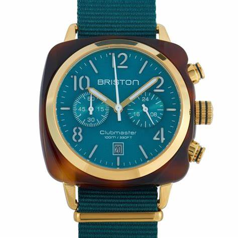 Briston Clubmaster Classic Chronograph 40mm Gold Acetate Emerald Green Dial Green NATO Strap 19140.PYA.T.27.NE