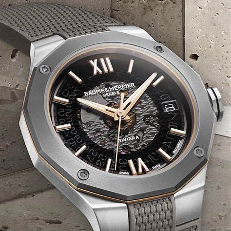 Baume & Mercier Riviera 10720 Orologio automatico da uomo - Quadrante zaffiro grigio fumé, cassa in acciaio, cinturino in gomma grigio
