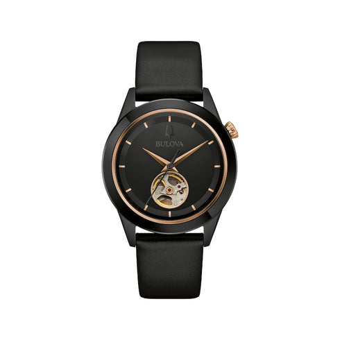 Bulova 98A322 Men's Automatic Watch – Black IP Case, Open Heart Dial, Leather Strap