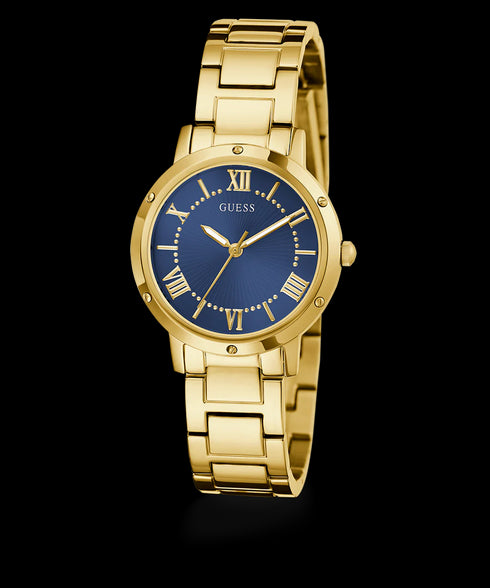 Guess GW0404L4 Women's Gold-Tone Watch – 34mm Blue Dial, Recycled Steel, Roman Numerals