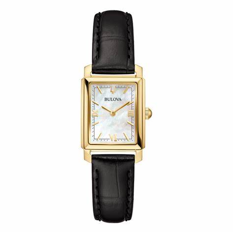 Bulova 97L173 Reloj Mujer - Caja dorada, correa de piel negra, esfera nacarada