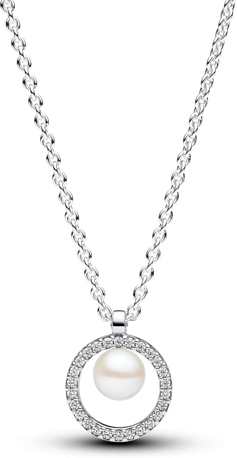 Pandora Treated Freshwater Cultured Pearl & Pavé Collier Necklace 393165C01-45 - Sterling Silver, Cubic Zirconia, 45cm