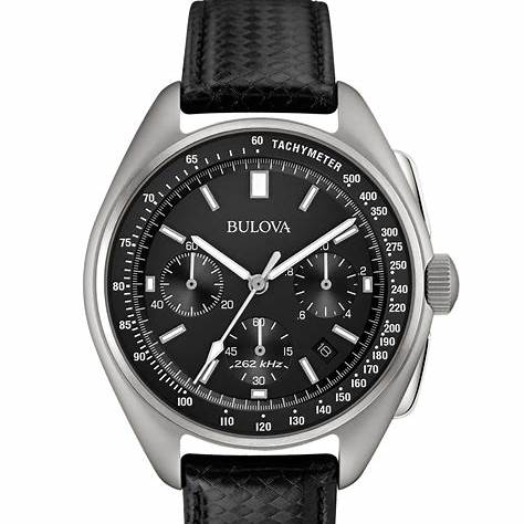 Bulova Lunar Pilot 96B251 Men's Chronograph Watch – Black Dial, Black Leather Strap